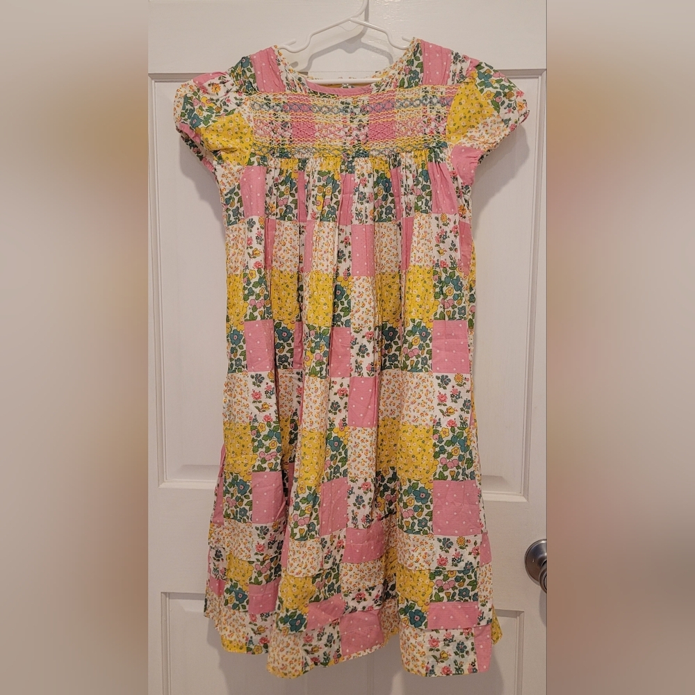 Mini BODEN Girls Pink & Yellow Patchwork Smocked Dress